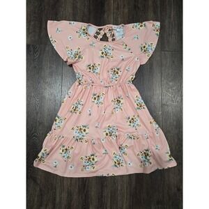 Love Glam Girl Pink Floral Sunflower Flutter Sleeve Dress Crochet Back Medium